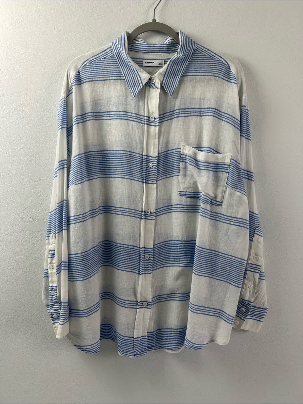 Sonoma Linen Rayon White Blue Stripes Long Sleeve Vacation Beach Button Down
